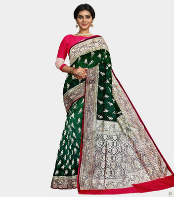 MUBARAK Woven, Self Design Banarasi Silk Blend Saree(Dark Green, Silver)