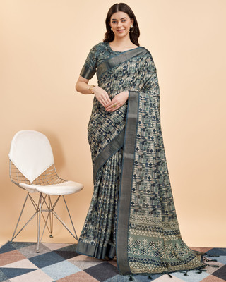 Divastri Digital Print Handloom Silk Blend Saree(Blue)