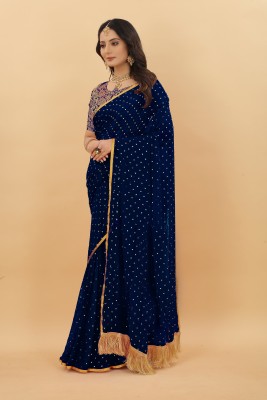 V And V Shop Printed, Geometric Print, Floral Print, Polka Print Banarasi Georgette, Chiffon Saree(Dark Blue)