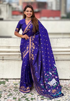 ROOP LAVANYA Woven Paithani Jacquard, Pure Silk Saree(Blue, Purple)