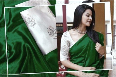 Arpita Fashion Color Block, Solid/Plain Bollywood Satin Saree(Green)