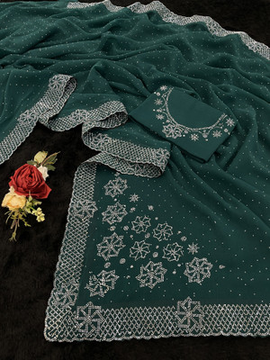 VarniRaaj Fashion Embellished, Floral Print Bollywood Organza Saree(Light Blue)