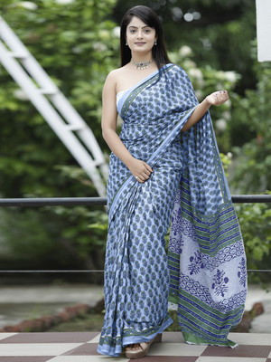 Tasrika Printed Daily Wear Cotton Blend Saree(Light Blue)