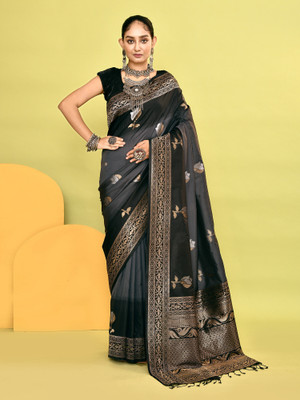 Elora Floral Print Banarasi Silk Blend Saree(Grey)