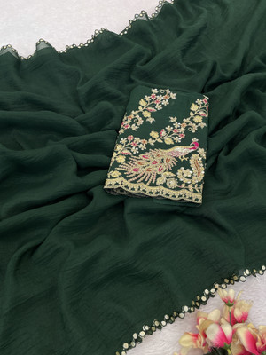 K 5 FASHION Embroidered, Self Design Bollywood Tissue Saree(Dark Green)