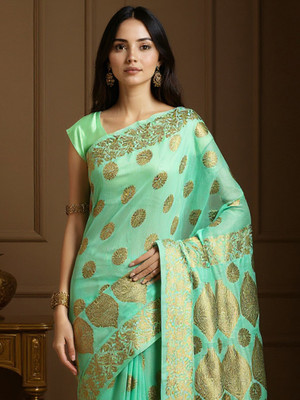 Sareemall Woven Banarasi Silk Blend Saree(Light Blue)