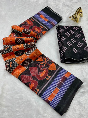 FULIYA SILK Printed, Geometric Print, Checkered, Temple Border, Woven Ikkat Linen Saree(Black, Orange)