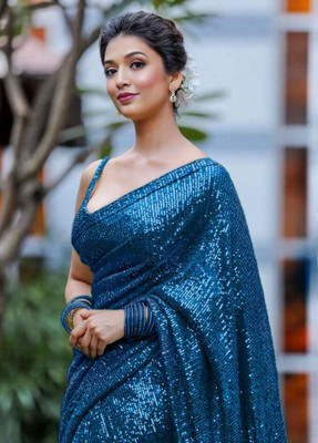 MudhurHandWork Embroidered, Embellished Bollywood Georgette Saree(Light Blue)