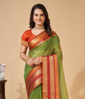 LEOSAGI Woven Kota Doria Cotton Silk Saree(Light Green)