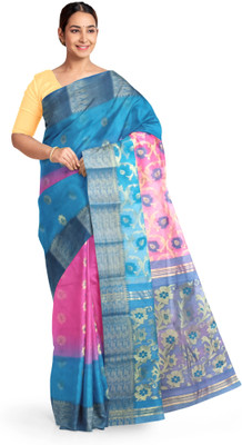Pradip Fabrics Self Design Tant Silk Blend Saree(Blue, Pink)