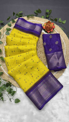 RegalDrapes Printed Bollywood Art Silk, Silk Blend Saree(Yellow, Blue)