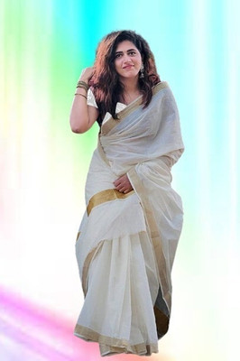 Saran Solid/Plain Kasavu Pure Cotton Saree(Cream)