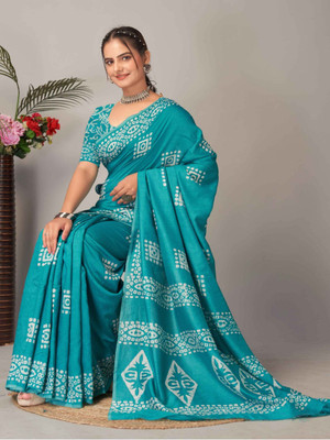kiaan fashion Printed Hand Batik Pure Cotton Saree(Green)