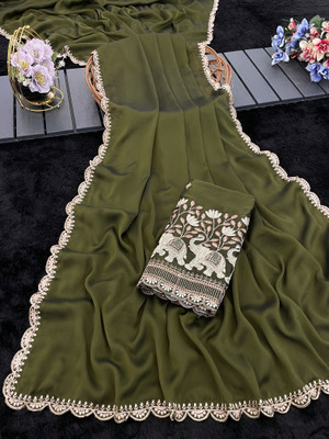 K 5 FASHION Embellished, Solid/Plain Bollywood Georgette Saree(Light Green)