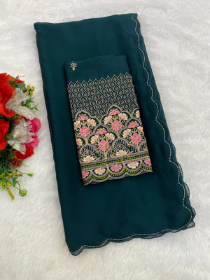 K 5 FASHION Solid/Plain Bollywood Chiffon Saree(Dark Blue)