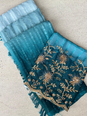 CHIVYA CREATION Embroidered, Embellished, Striped, Printed, Floral Print Daily Wear Chiffon Saree(Light Blue)