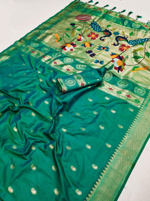 Pandadi Saree Woven Paithani Cotton Silk Saree(Green)