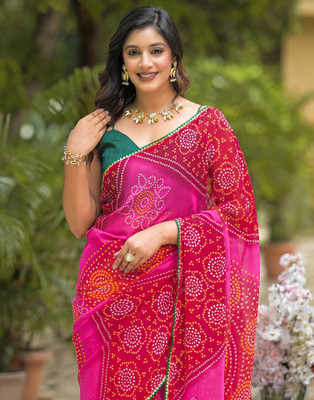Samah Printed Bandhani Georgette, Chiffon Saree(Pink)