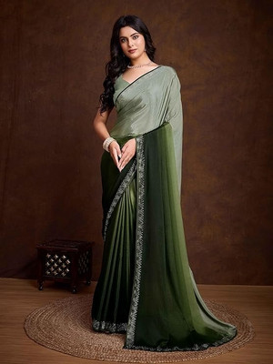 MAHADEV Solid/Plain, Self Design Handloom Handloom Art Silk Saree(Light Green, Dark Green)