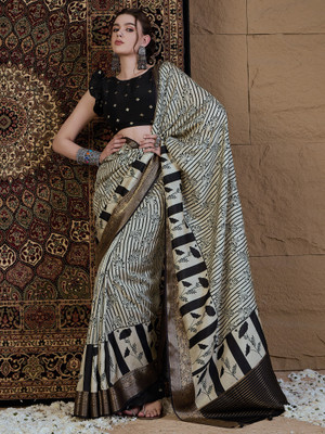 Sareemall Printed Chinnalapattu Viscose Rayon Saree(Cream, Black)