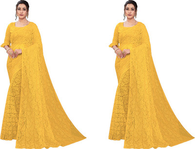 Fashion Field Self Design Bollywood Net Saree(Pack of 2, Yellow)