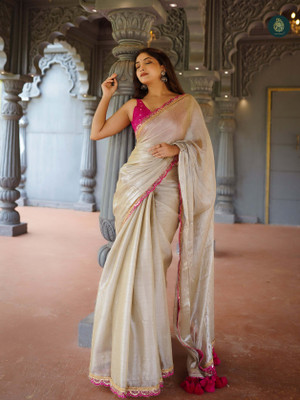 Moda Rapido Embroidered Saree with Attached Blouse Cotton Silk Saree(Beige)