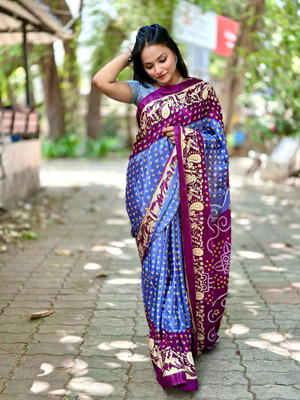 AVTC Animal Print Bandhani Crepe, Silk Blend Saree(Multicolor)
