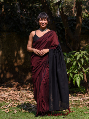 Suta Solid/Plain Bollywood Cotton Blend Saree(Brown)