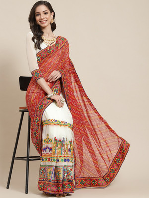 Divastri Self Design, Printed, Embroidered Bandhani Georgette, Jacquard Saree(Red, Beige)