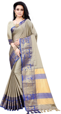 VISIONEMBRO Self Design Banarasi Cotton Silk Saree(Grey)
