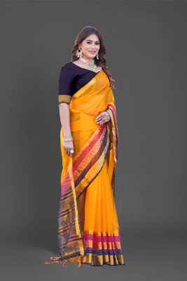 Aarunika SST Striped Bollywood Organza Saree(Yellow)