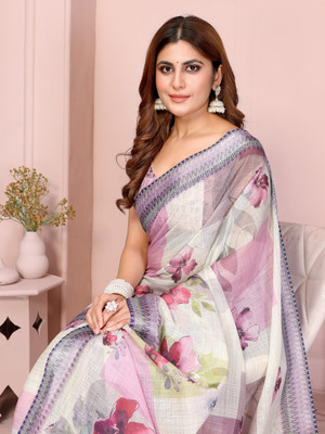 ARYORA Floral Print Daily Wear Cotton Linen Saree(Multicolor)