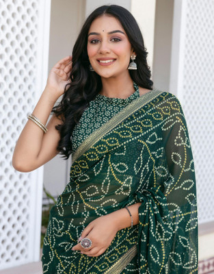 Anmi Printed Bandhani Chiffon, Georgette Saree(Dark Green)