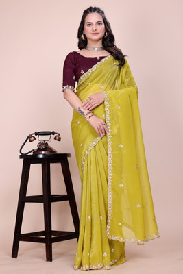 saanvi Solid/Plain, Self Design, Embroidered Bollywood Chiffon Saree(Mustard)