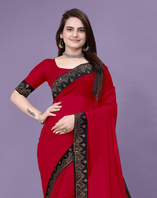 Dharam Creation Solid/Plain Bollywood Georgette Saree(Red)