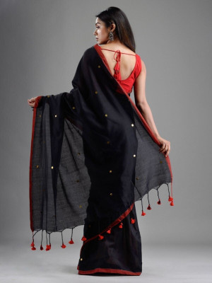 GHOSH TEXTILE Solid/Plain Handloom Cotton Blend Saree(Black)
