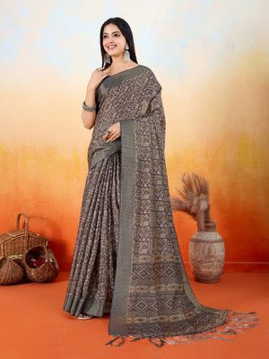 Tasrika Geometric Print, Woven Ikkat Tissue Saree(Brown)