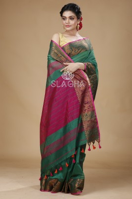 SLAGHA Woven, Embellished, Self Design Assam Silk Handloom Cotton Silk Saree(Green, Pink)