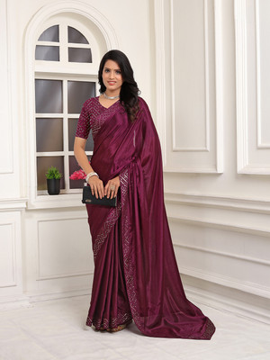 Pionex Embroidered, Solid/Plain Bollywood Chiffon Saree(Purple)