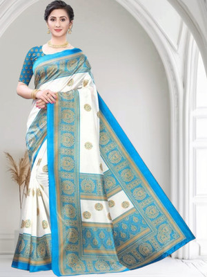 Grubstaker Printed Banarasi Tussar Silk Saree(White)