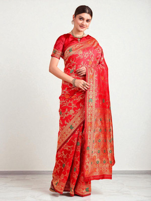 fFASHION Embroidered Banarasi Art Silk, Cotton Silk Saree(Red)