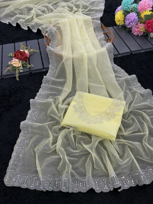 VarniRaaj Fashion Embellished Bollywood Supernet Saree(Yellow)