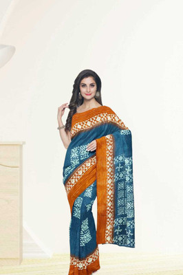 Classy Foriever Printed Ikkat Cotton Blend Saree(Light Blue)
