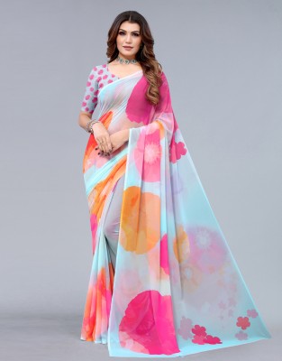 Satrani Digital Print, Floral Print, Geometric Print, Printed Bollywood Georgette Saree(Light Blue)