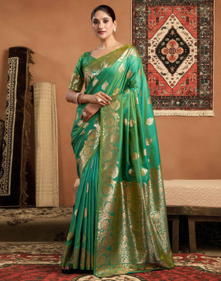 Satrani Woven, Embellished Banarasi Silk Blend Saree(Green)