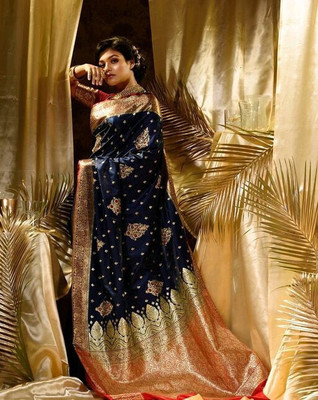 NaziyaSarees Woven Banarasi Jacquard Saree(Dark Blue, Gold)