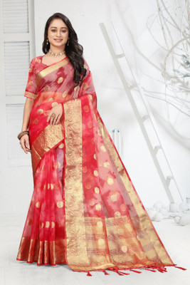 Aarunika SKT Solid/Plain Bollywood Organza Saree(Red)
