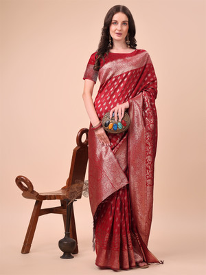 Tasrika Woven Kanjivaram Cotton Silk Saree(Red)