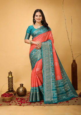yanish Digital Print, Woven Kalamkari Art Silk Saree(Light Blue, Pink)