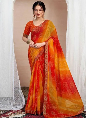 STYLEVEDA Printed Bollywood Chiffon Saree(Orange, Yellow)